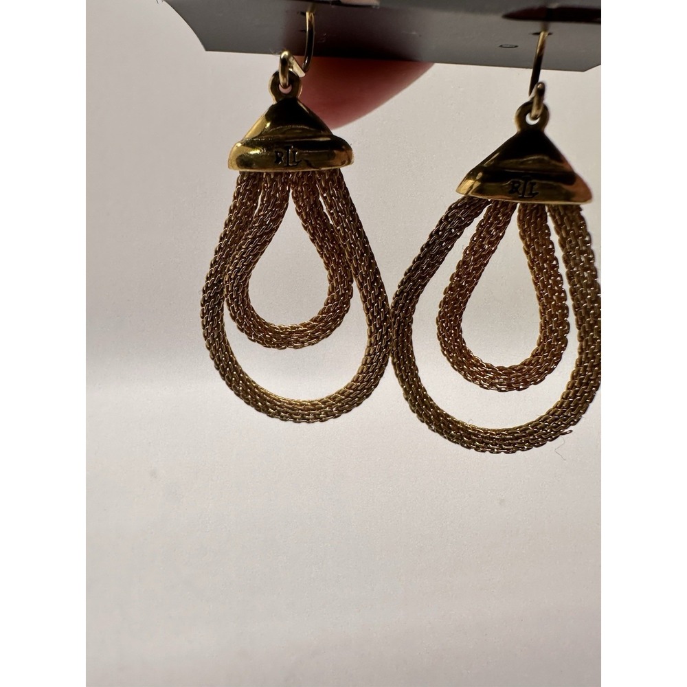 LRL Lauren Ralph Lauren Gold Tone Teardrop Chain Dangle Earrings Logo - Picture 6 of 7